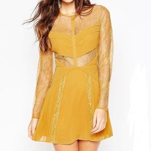 ASOS mustard yellow lace pleated dress
